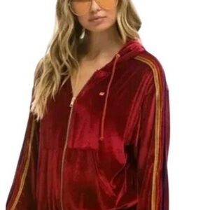 Aviator Nation Velvet Zip-Up Hoodie Red Rainbow Stripe Size S - Relaxed Fit